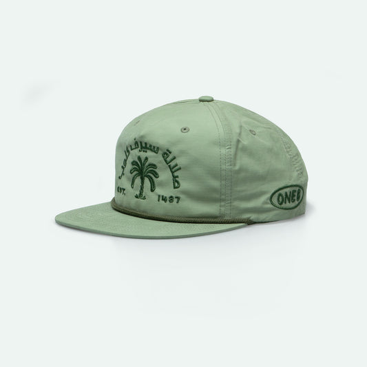 Salalah Surf Club palm grandad hat in olive with flat palm logo, Omani culture cap by One8