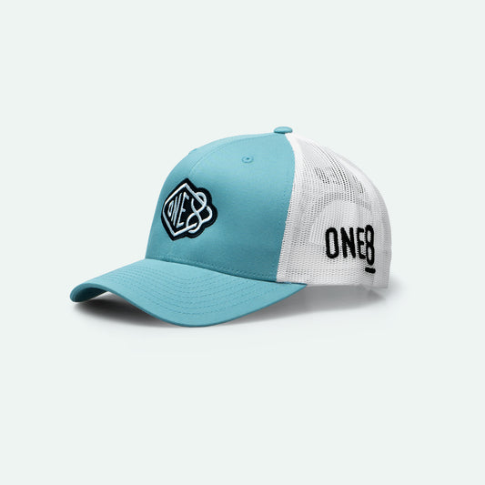 One8 Skate Logo light blue meshback trucker hat, Dubai streetwear cap