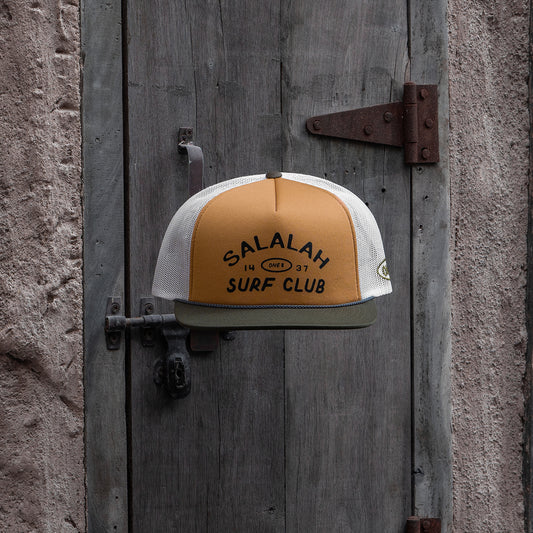 Vintage Salalah Surf Club foam trucker hat with retro coastal graphic, Gulf cap by One8