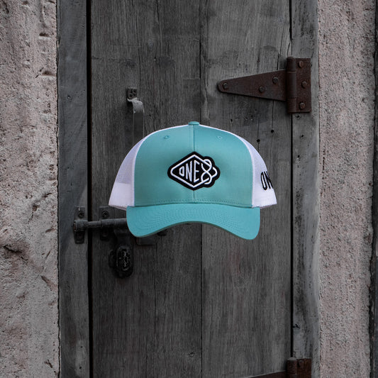 One8 Skate Logo light blue meshback trucker hat, Dubai streetwear cap