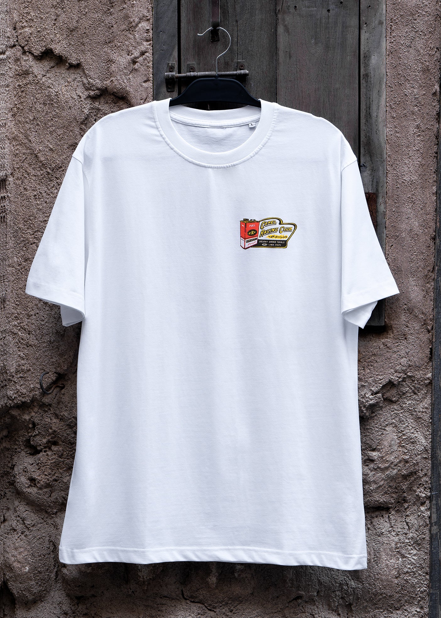 Vintage Fuel Can Camel Racing Club tee with pit crew graphic, Gulf desert streetwear by One8
