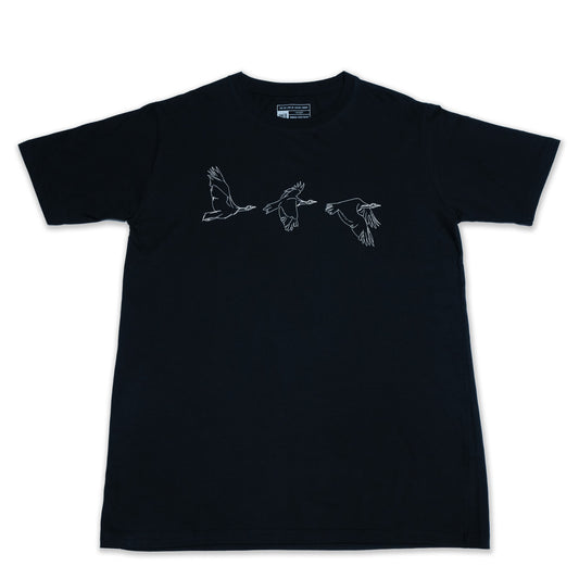 Houbara in Flight Black T-shirt - featuring a حبارى (houbara bustard) designed by Khalid Al Astad