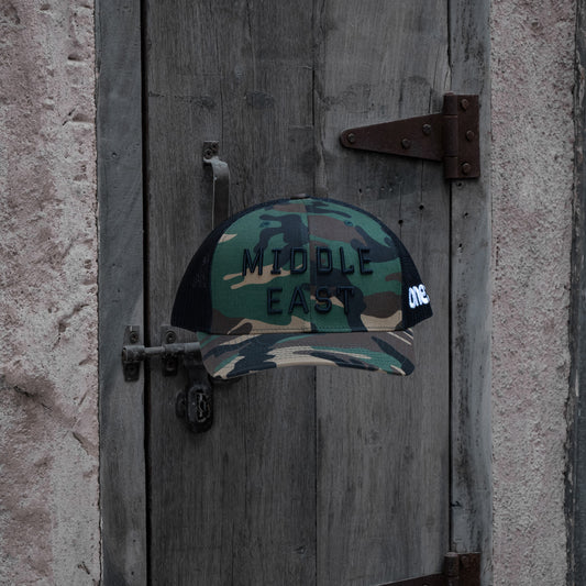 Middle East Trucker One8 Hat: Camo trucker cap with Middle East 3D embroidery lettering stands out