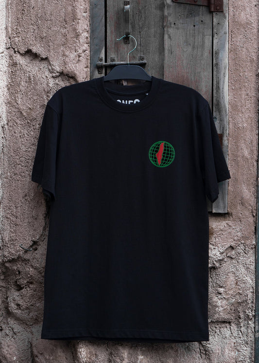 Free Palestine black tee with globe and Palestine map, Arabic streetwear by One8