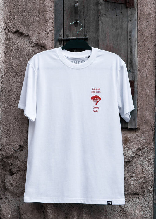 Salalah Surf Club Omani Gold tee with frankincense tree design, Omani culture streetwear by One8