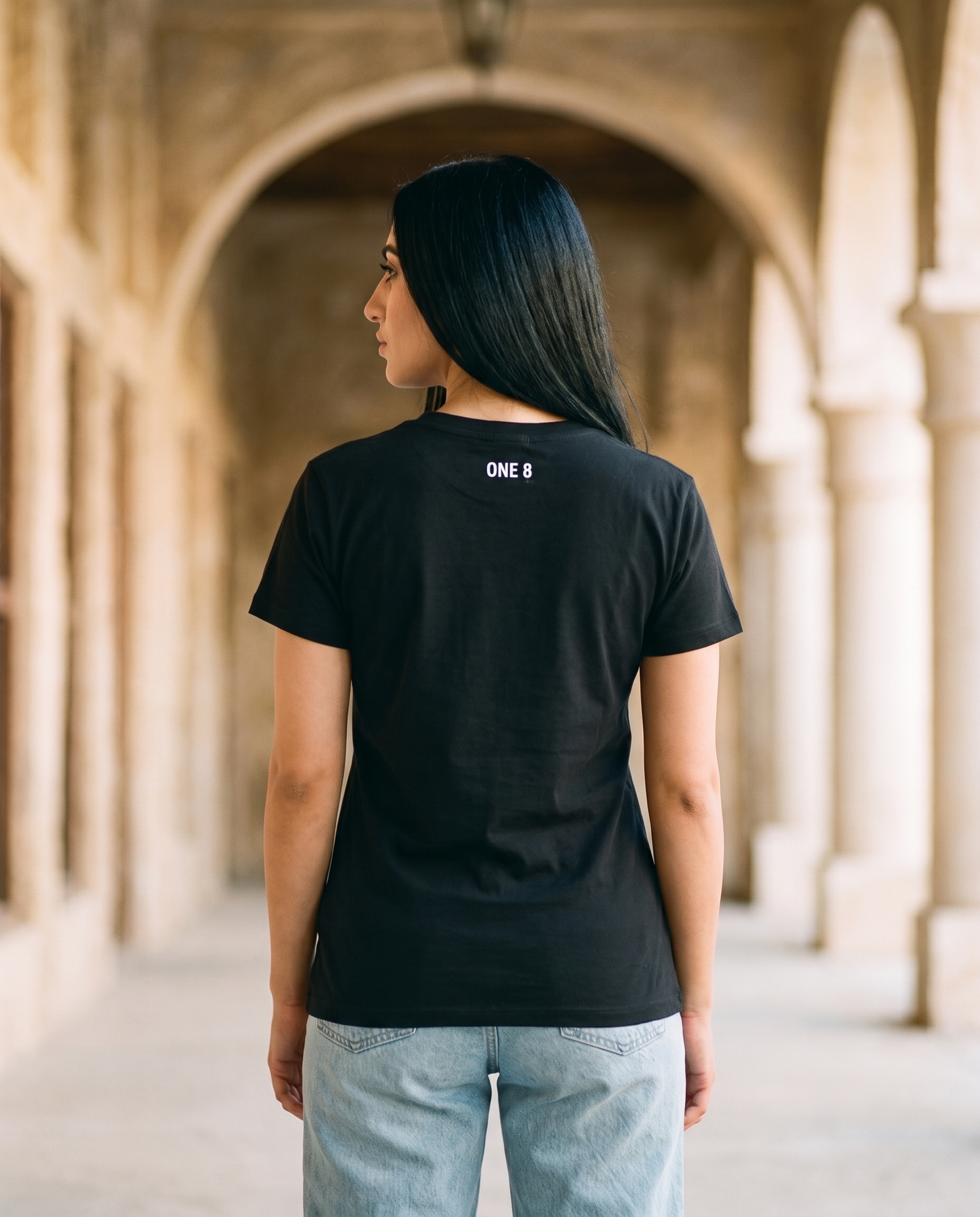 A'yal Zayed heritage ladies tee back view worn by female model