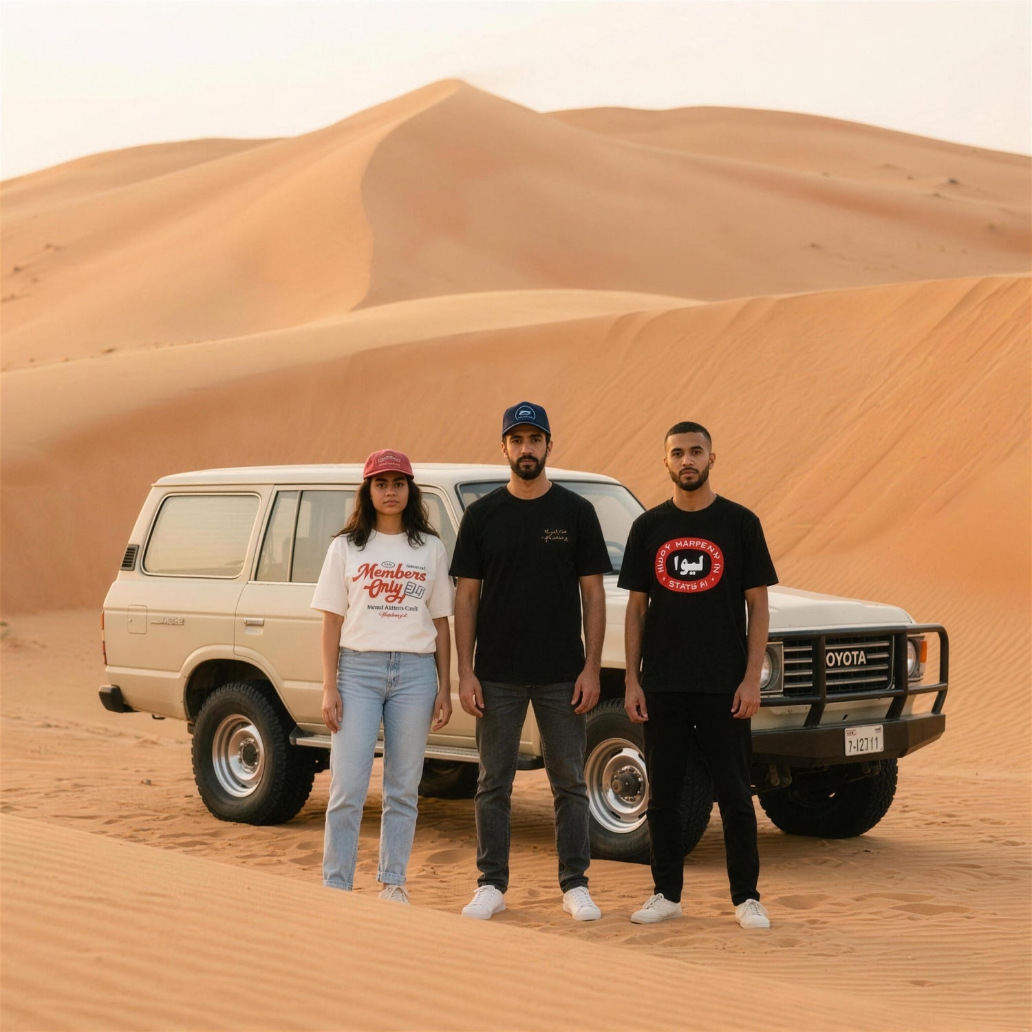 Three friends in Camel Racing Club tees in the Liwa dunes at golden hour with a classic Land Cruiser - One8 Gulf streetwear