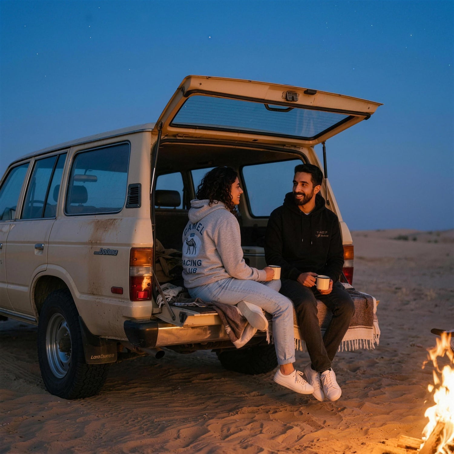 Two friends in Camel Racing Club hoodies on a Land Cruiser tailgate in the desert at blue hour - One8 Gulf streetwear