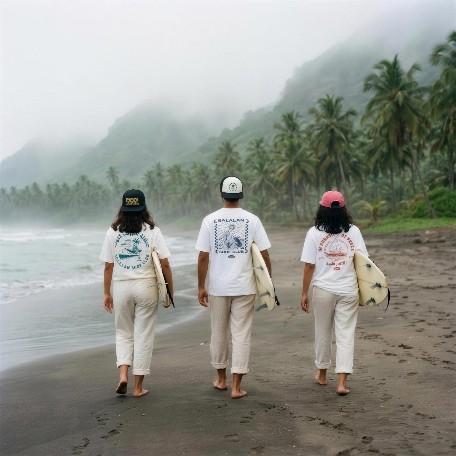 Three friends walking on a misty Salalah khareef beach in Salalah Surf Club tees and backwards hats, carrying surfboards - One8
