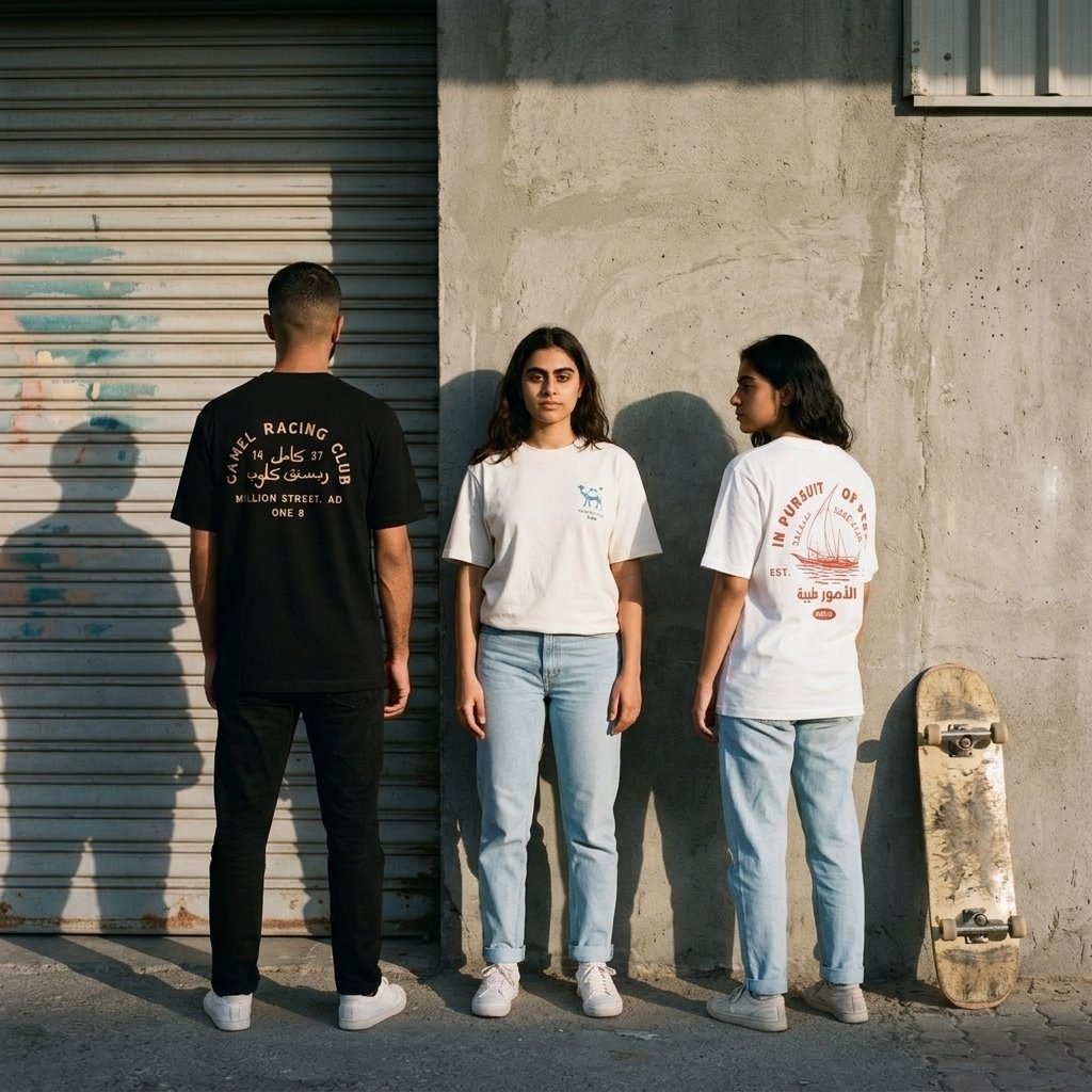 Three models in One8 Arabic tees with Camel Racing Club and Salalah Surf Club prints in an Al Quoz industrial street setting