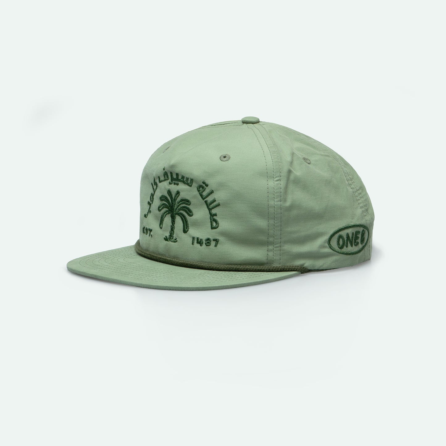 Salalah Surf Club palm grandad hat in olive with flat palm logo, Omani culture cap by One8