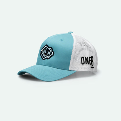 One8 Skate Logo light blue meshback trucker hat, Dubai streetwear cap