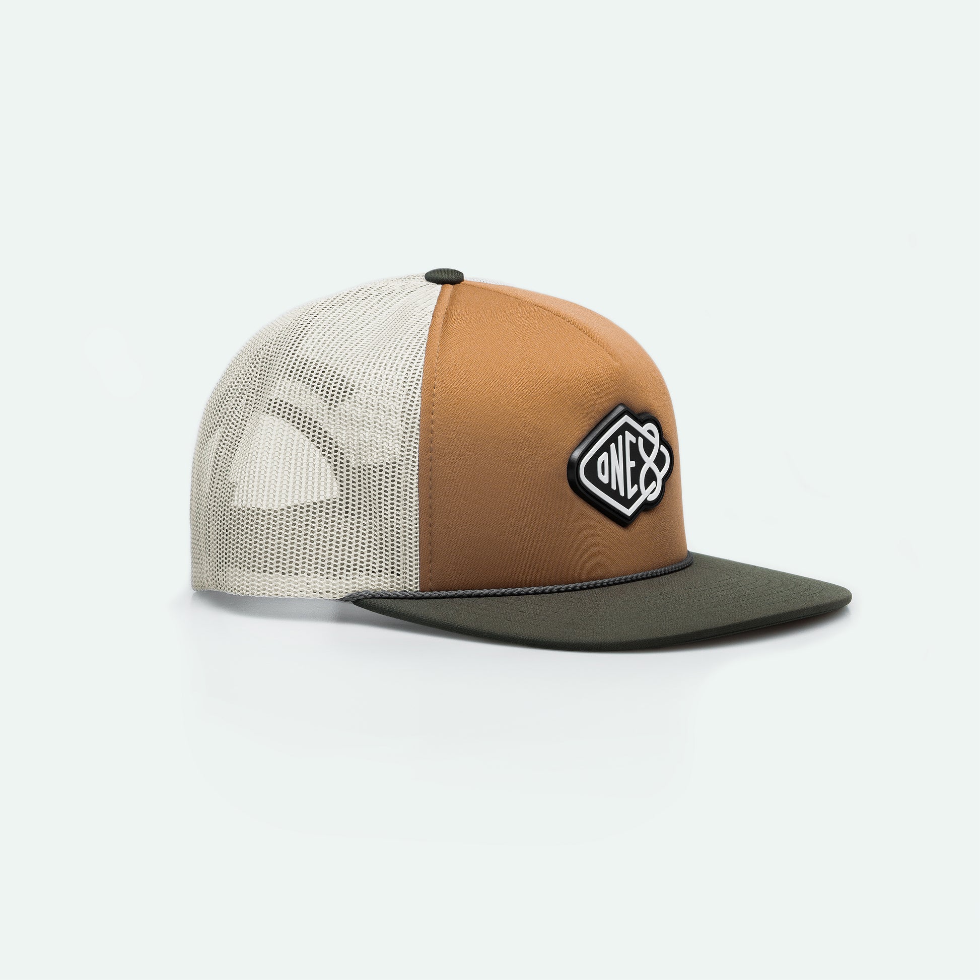 One8 Golden Sands foam trucker hat with sun-soaked desert design, Dubai streetwear cap