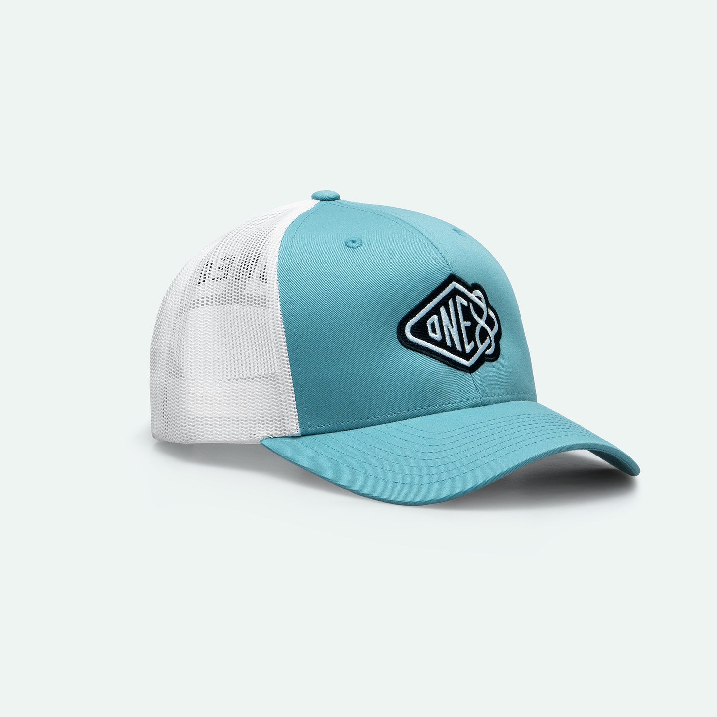 One8 Skate Logo light blue meshback trucker hat, Dubai streetwear cap