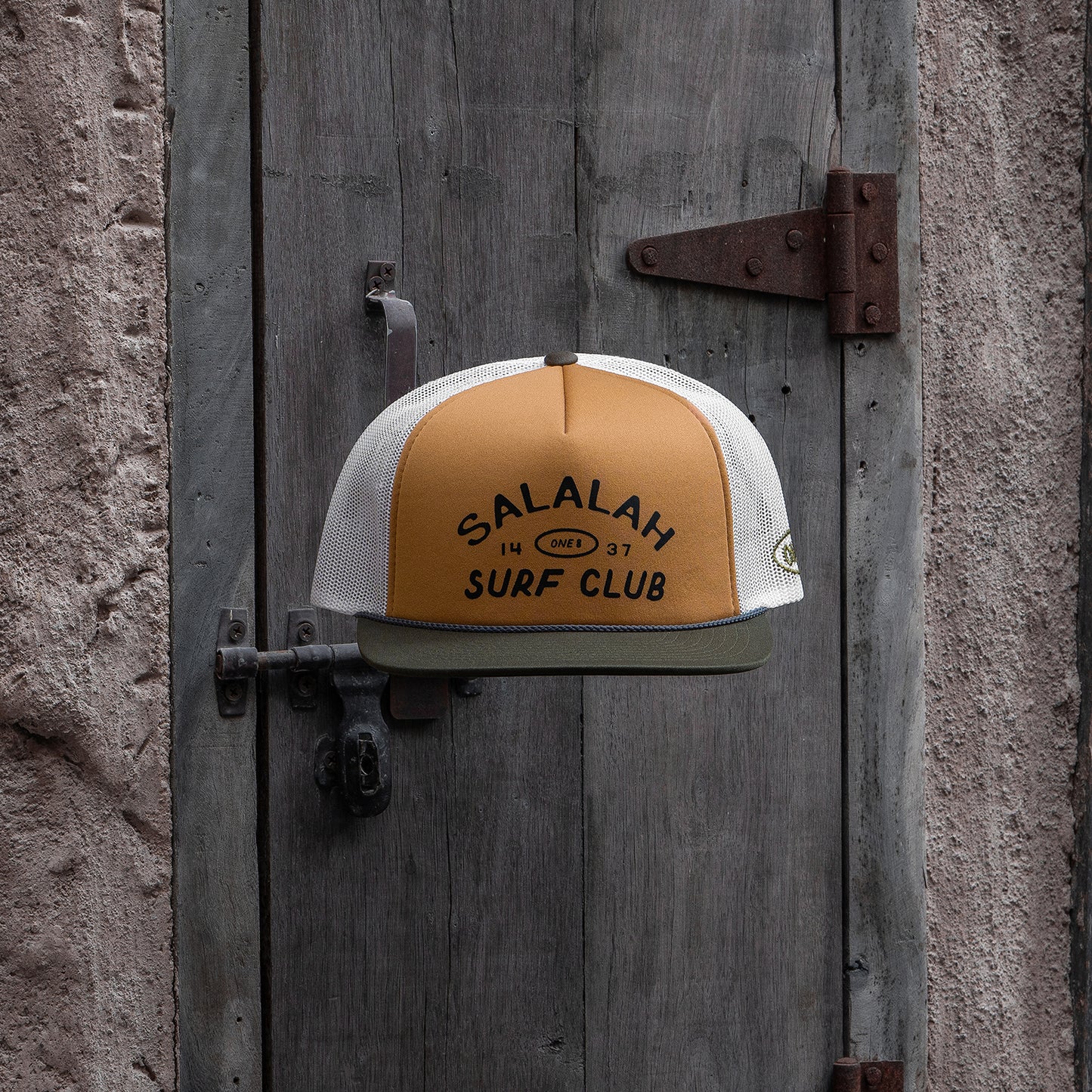 Vintage Salalah Surf Club foam trucker hat with retro coastal graphic, Gulf cap by One8