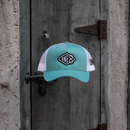 One8 Skate Logo light blue meshback trucker hat, Dubai streetwear cap
