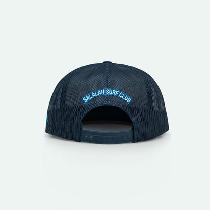 Salalah Surf Club navy foam trucker hat with Omani coastal embroidery, cap by One8