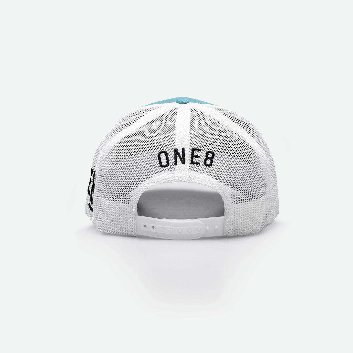 One8 Skate Logo light blue meshback trucker hat, Dubai streetwear cap