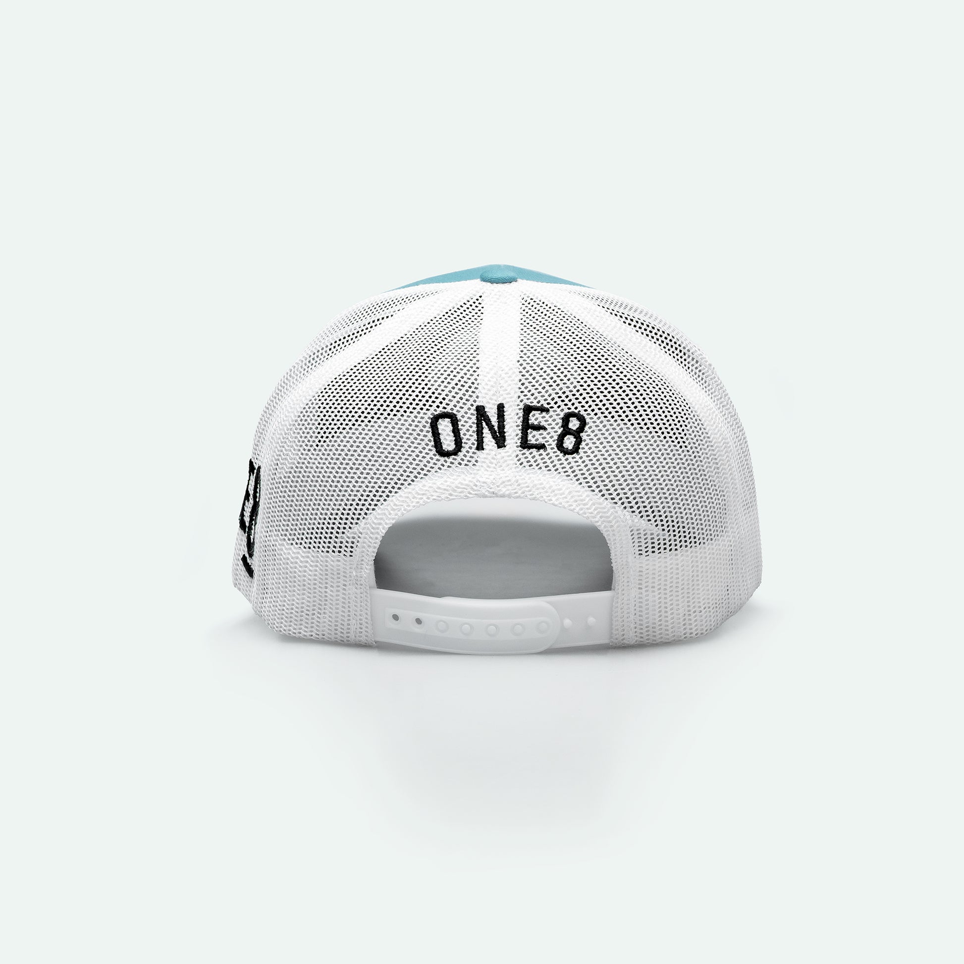One8 Skate Logo light blue meshback trucker hat, Dubai streetwear cap