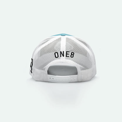One8 Skate Logo light blue meshback trucker hat, Dubai streetwear cap
