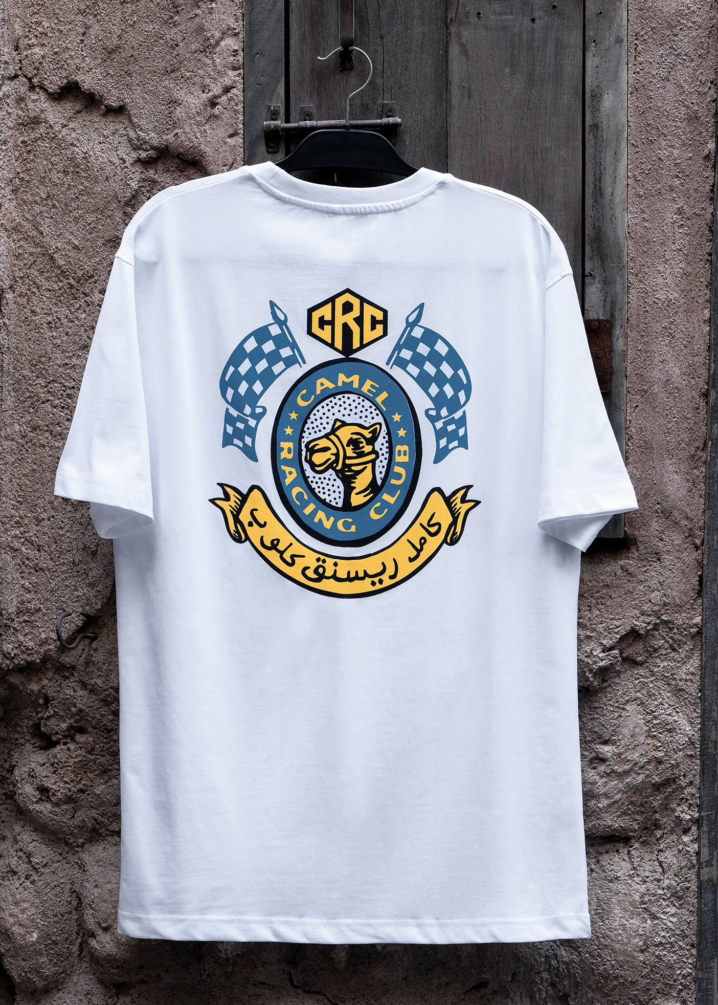 Winner's Circle Camel Racing Club tee celebrating champions, Gulf desert streetwear by One8