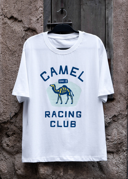 Skeletal Camel Racing Club tee with skeleton camel graphic, Gulf desert streetwear by One8
