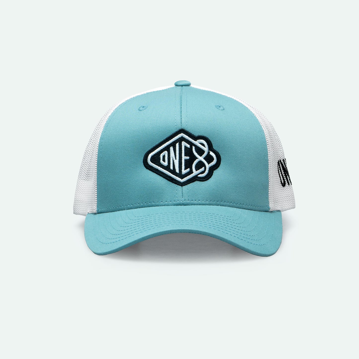 One8 Skate Logo light blue meshback trucker hat, Dubai streetwear cap