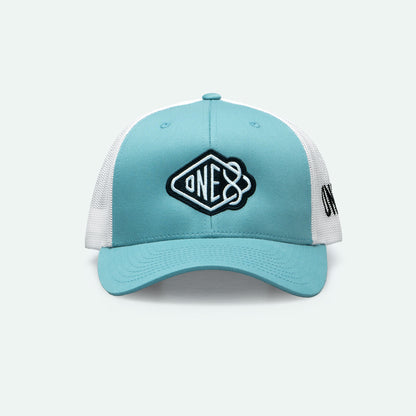 One8 Skate Logo light blue meshback trucker hat, Dubai streetwear cap