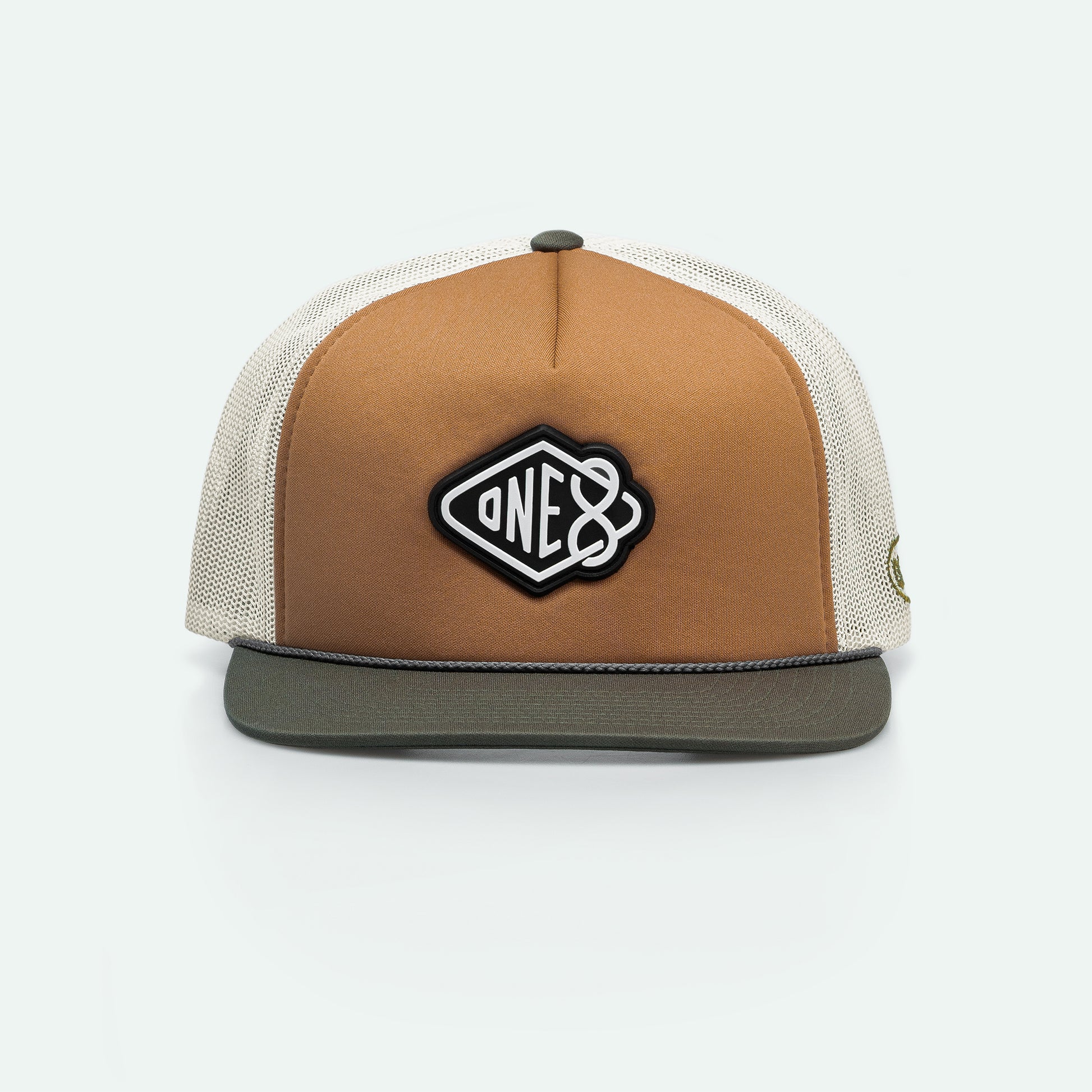 One8 Golden Sands foam trucker hat with sun-soaked desert design, Dubai streetwear cap