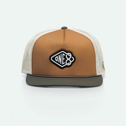 One8 Golden Sands foam trucker hat with sun-soaked desert design, Dubai streetwear cap