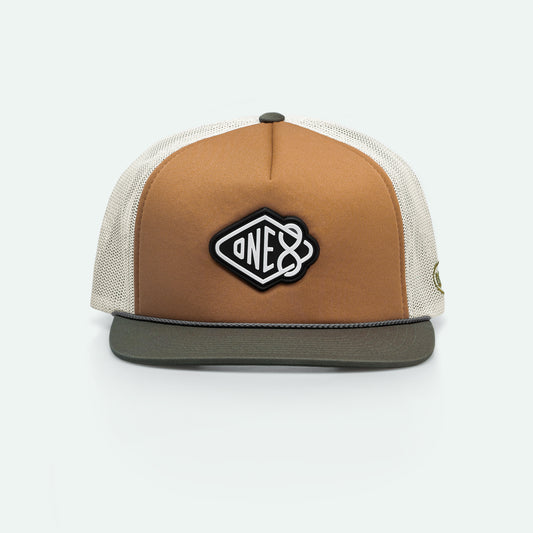 One8 Golden Sands foam trucker hat with sun-soaked desert design, Dubai streetwear cap