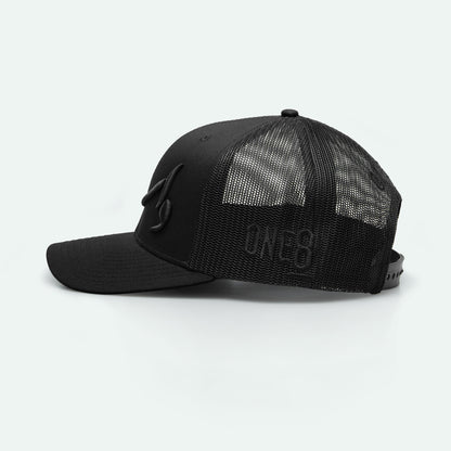 WASTA 2.0 واسطة all black curved brim meshback trucker hat with 3D embroidery, One8 hat