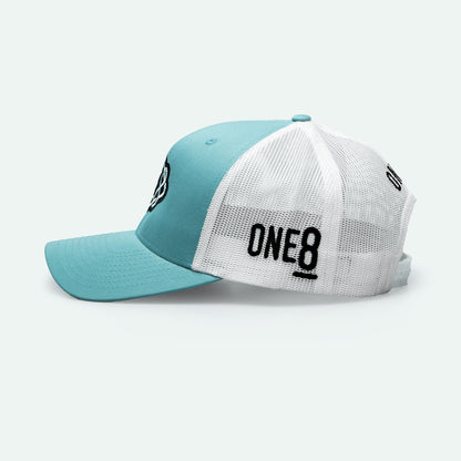 One8 Skate Logo light blue meshback trucker hat, Dubai streetwear cap