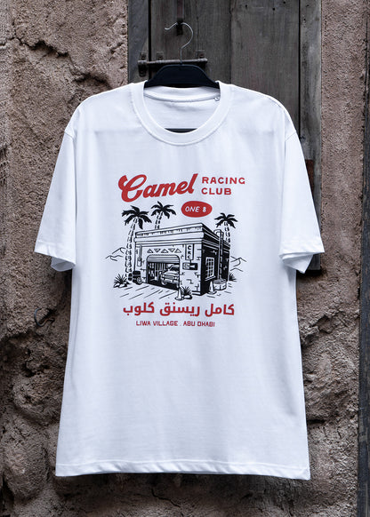 Desert Workshop Camel Racing Club tee with Gulf racing mechanic graphic by One8