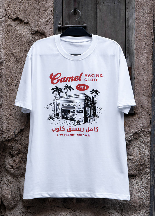 Desert Workshop Camel Racing Club tee with Gulf racing mechanic graphic by One8