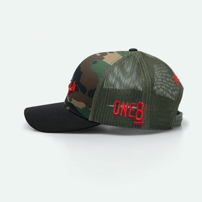 Love is Resistance الحب مقاومة camo meshback trucker hat with 3D Arabic embroidery, One8 hat