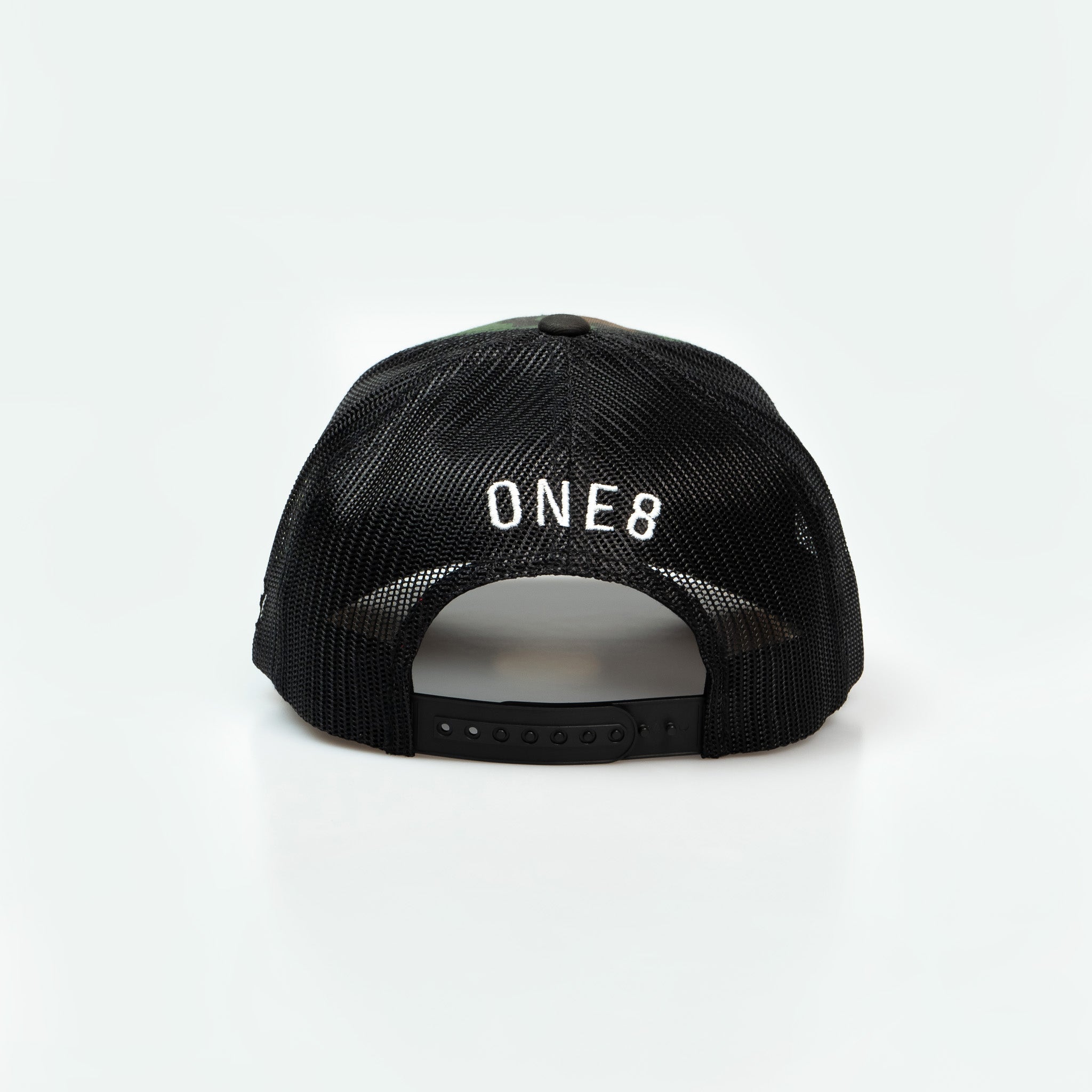 Middle East Trucker One8 Hat: Camo trucker cap with Middle East 3D embroidery lettering stands out 