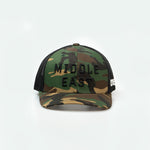 Middle East Trucker One8 Hat: Camo trucker cap with Middle East 3D embroidery lettering stands out 
