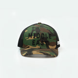 Middle East Trucker One8 Hat: Camo trucker cap with Middle East 3D embroidery lettering stands out 
