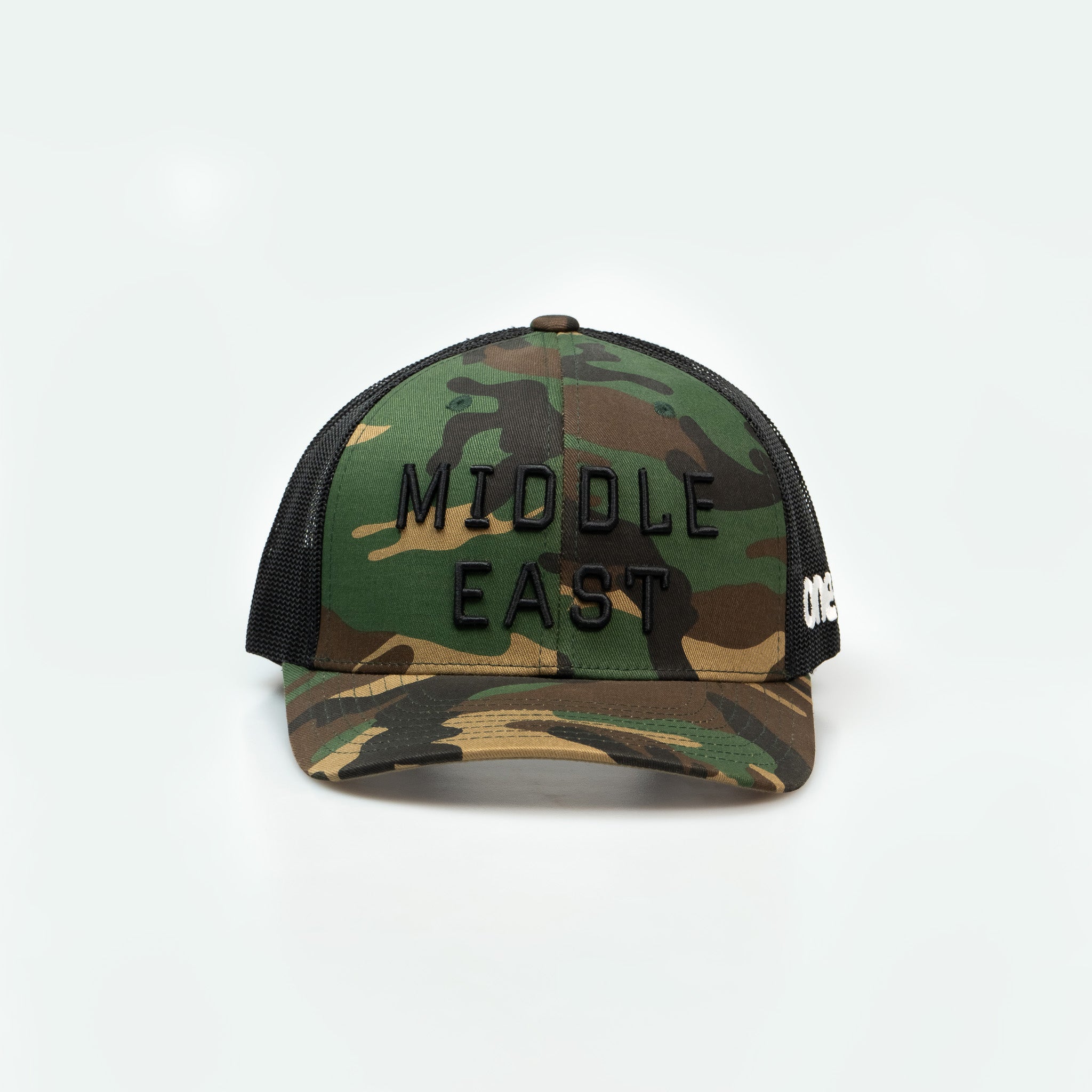 Middle East Trucker One8 Hat: Camo trucker cap with Middle East 3D embroidery lettering stands out 