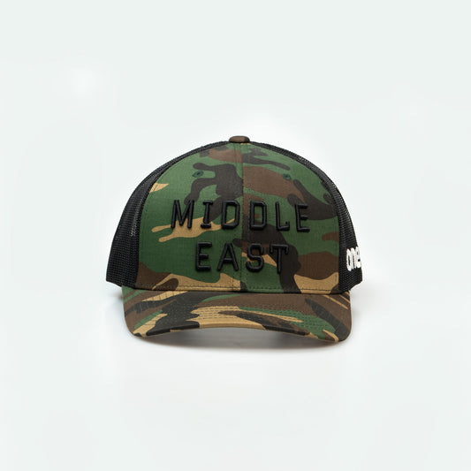 Middle East Trucker One8 Hat: Camo trucker cap with Middle East 3D embroidery lettering stands out 