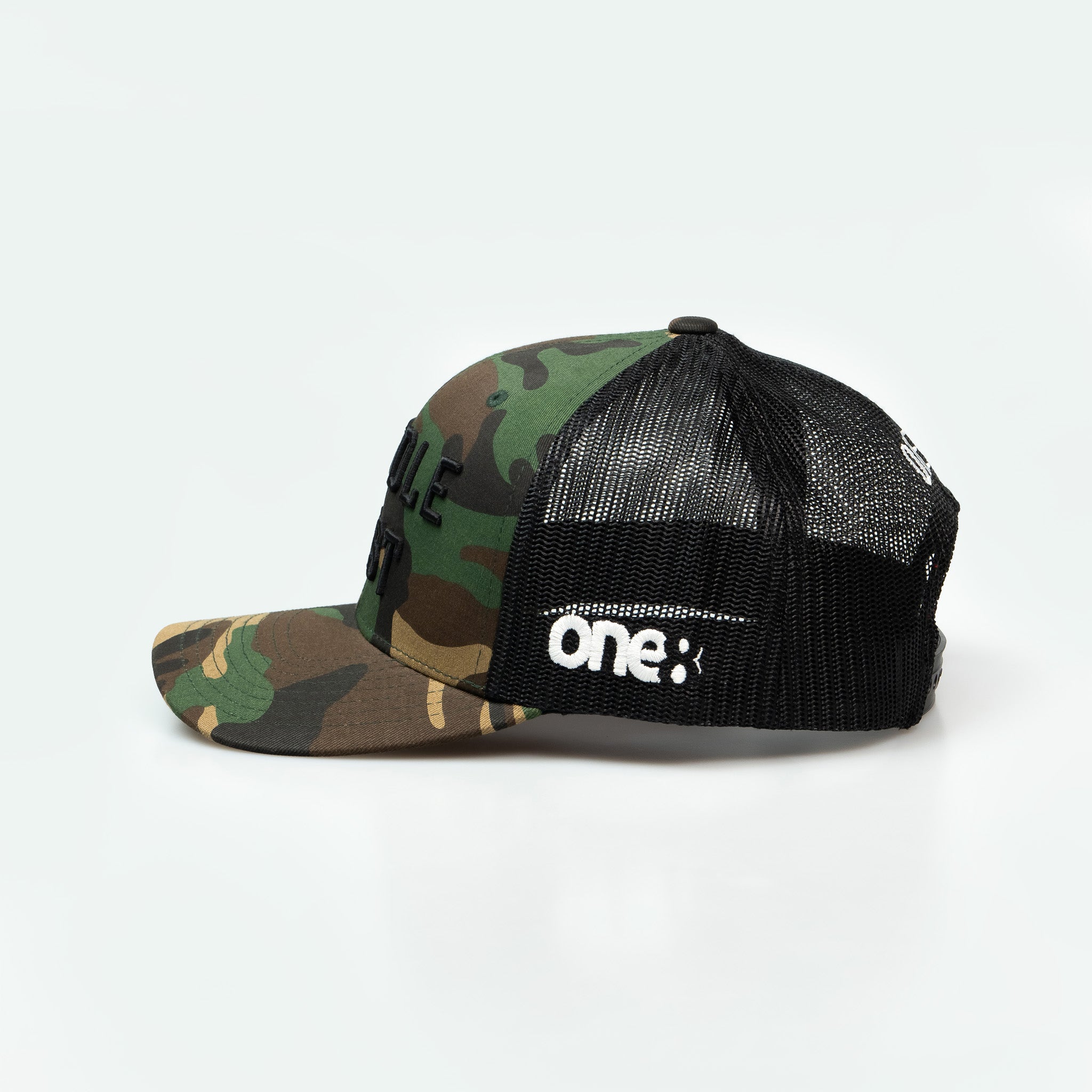 Middle East Trucker One8 Hat: Camo trucker cap with Middle East 3D embroidery lettering stands out 