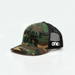 Middle East Trucker One8 Hat: Camo trucker cap with Middle East 3D embroidery lettering stands out 