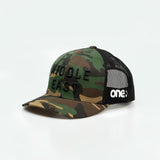 Middle East Trucker One8 Hat: Camo trucker cap with Middle East 3D embroidery lettering stands out 