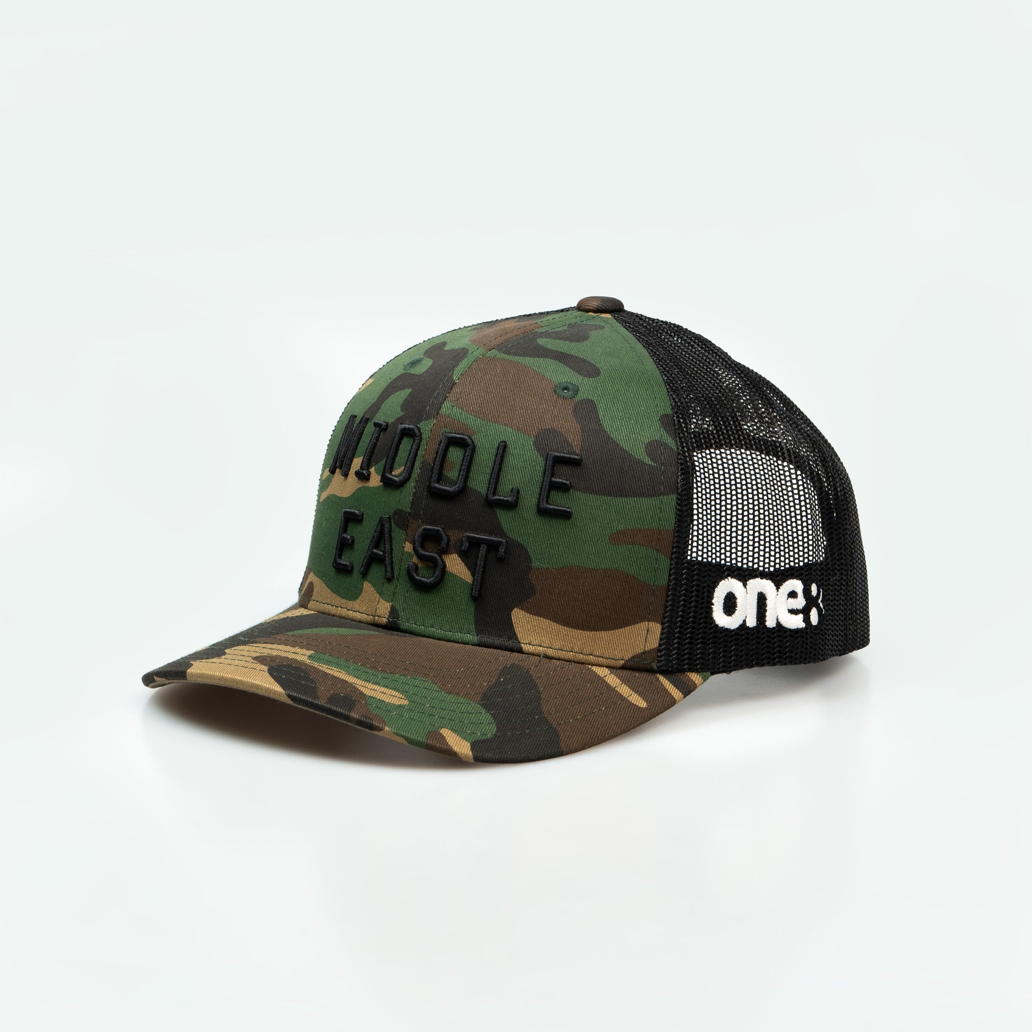 Middle East Trucker One8 Hat: Camo trucker cap with Middle East 3D embroidery lettering stands out 