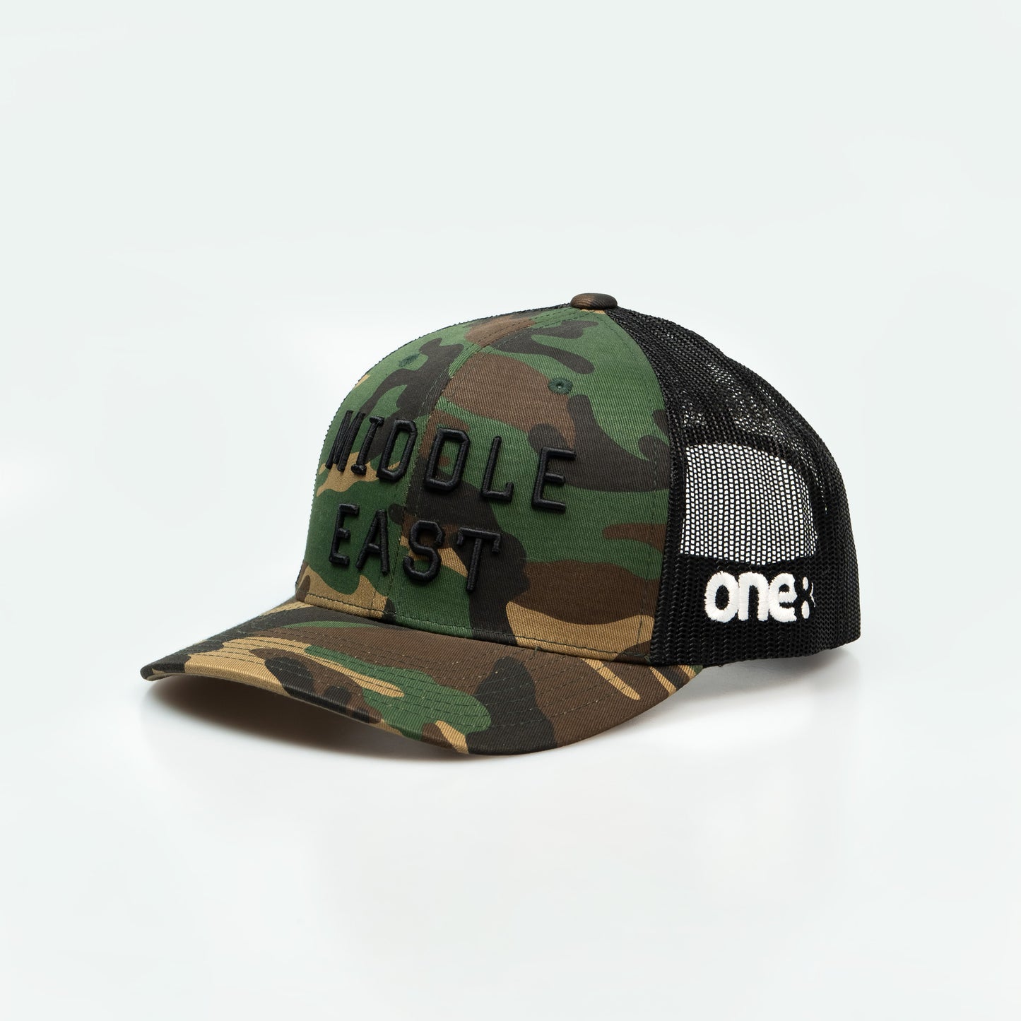 Middle East Trucker One8 Hat: Camo trucker cap with Middle East 3D embroidery lettering stands out 