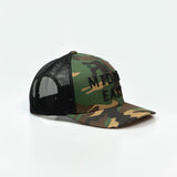 Middle East Trucker One8 Hat: Camo trucker cap with Middle East 3D embroidery lettering stands out 