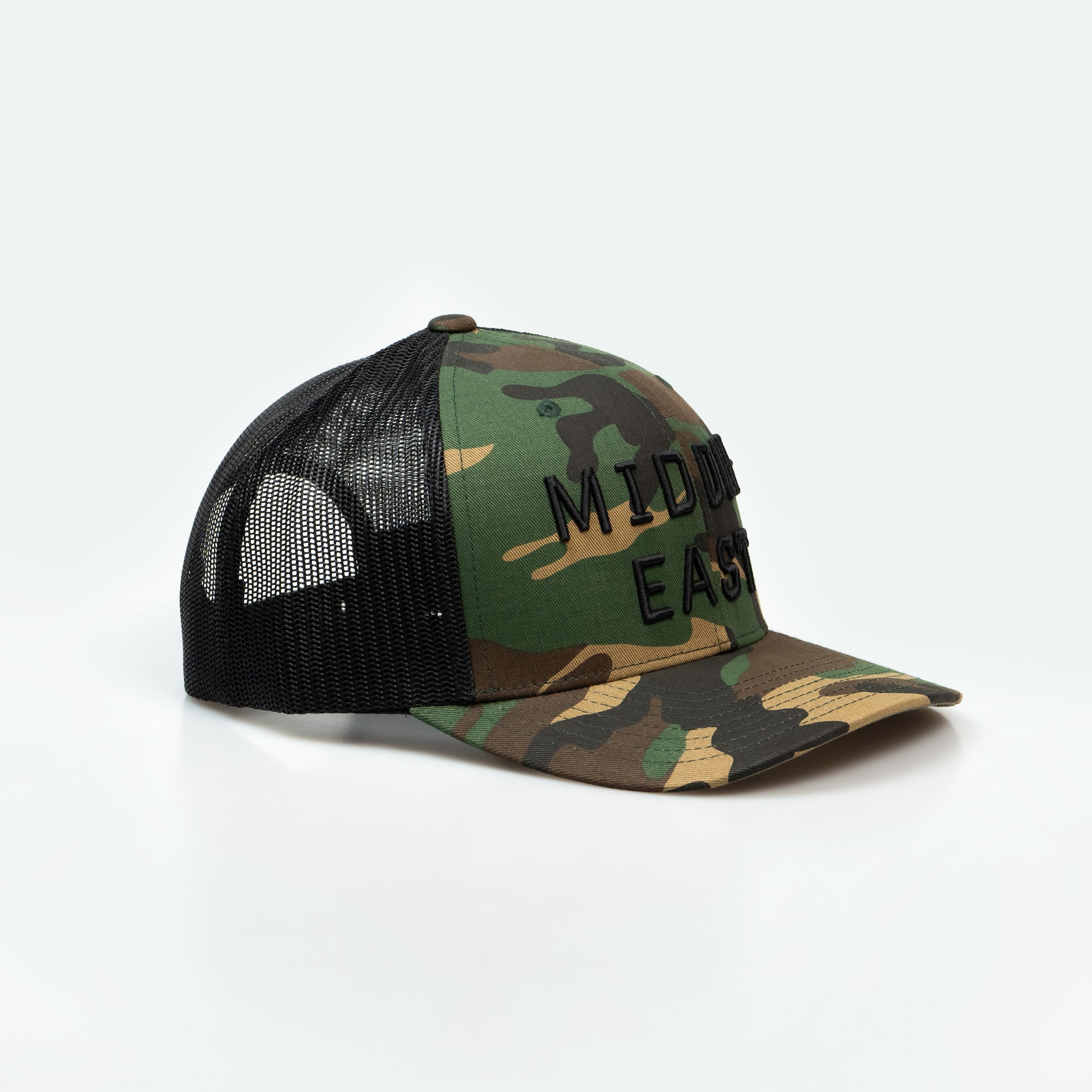 Middle East Trucker One8 Hat: Camo trucker cap with Middle East 3D embroidery lettering stands out 