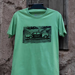 شرطة دبي Dubai Police Green T-shirt with hand drawn linocut design inspired by classic police car