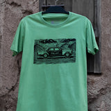 شرطة دبي Dubai Police Green T-shirt with hand drawn linocut design inspired by classic police car